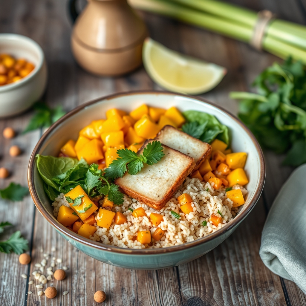 media-1-147 Bali-Bowl mit fermentierten Tempeh-Streifen Quinoa und Mango-Papaya-Salsa