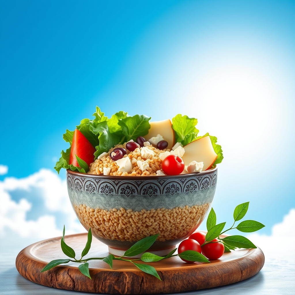 media-1-712 Mediterraner Buddha Bowl mit Zatar Hähnchen Feta Granatapfel