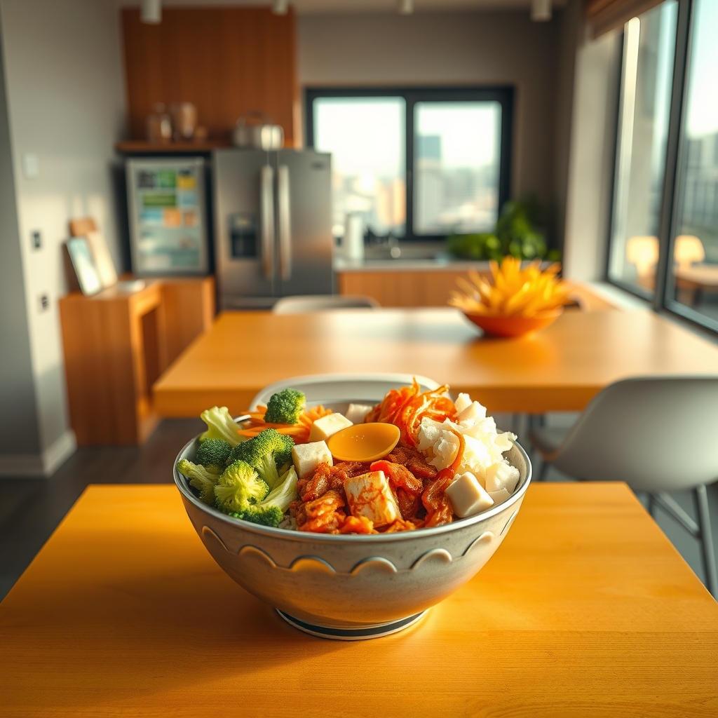 media-1-1467 Koreanisches Kimchi-Bibimbap mit fermentiertem Kohl und gegrilltem Tofu
